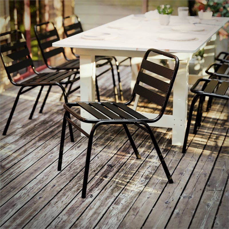 Pemberly Row Triple Slat Back Aluminum Restaurant Stack Chair in Black