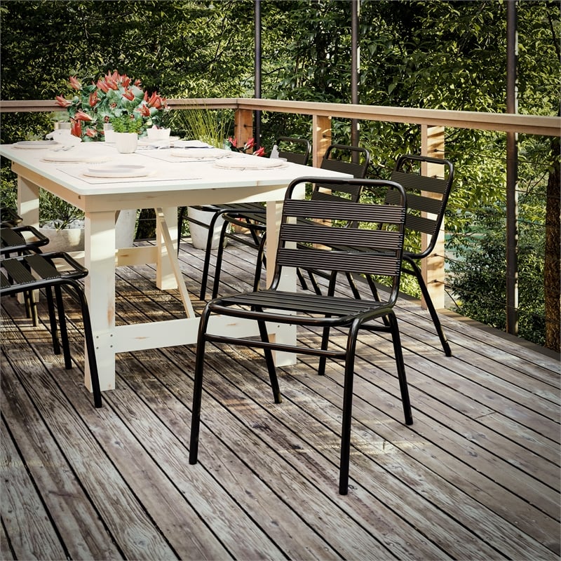 Pemberly Row Triple Slat Back Aluminum Restaurant Stack Chair in Black