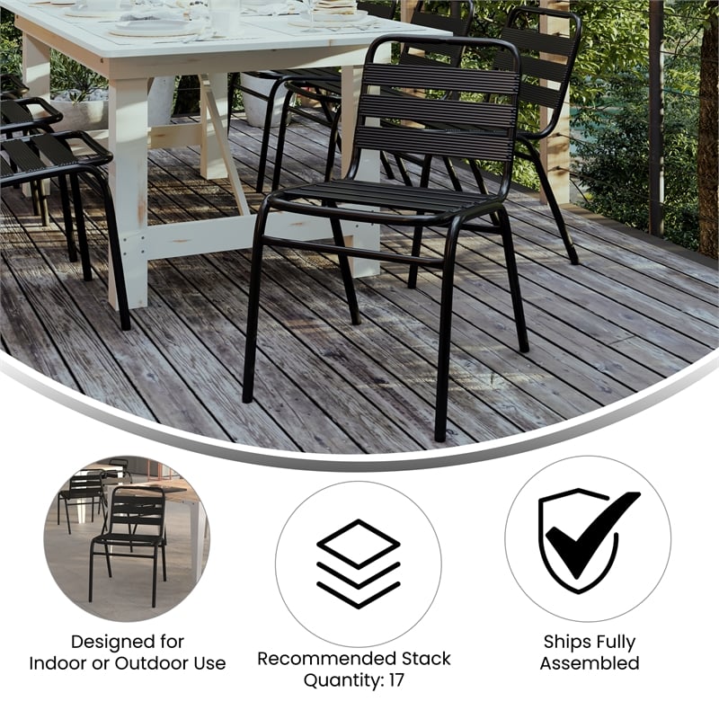 Pemberly Row Triple Slat Back Aluminum Restaurant Stack Chair in Black