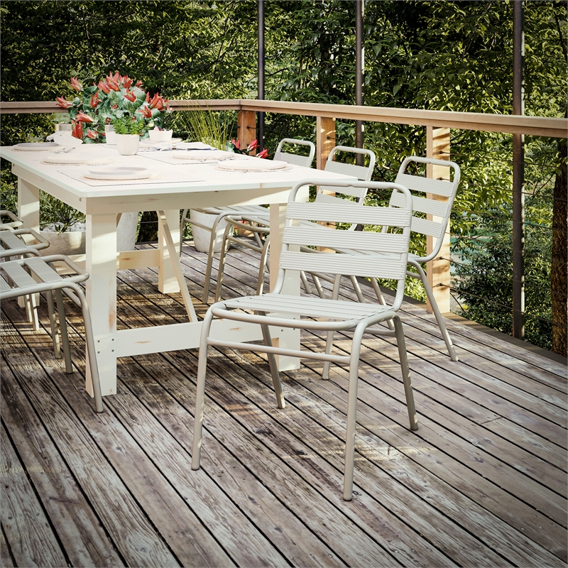 Pemberly Row Triple Slat Back Aluminum Restaurant Stack Chair in Silver