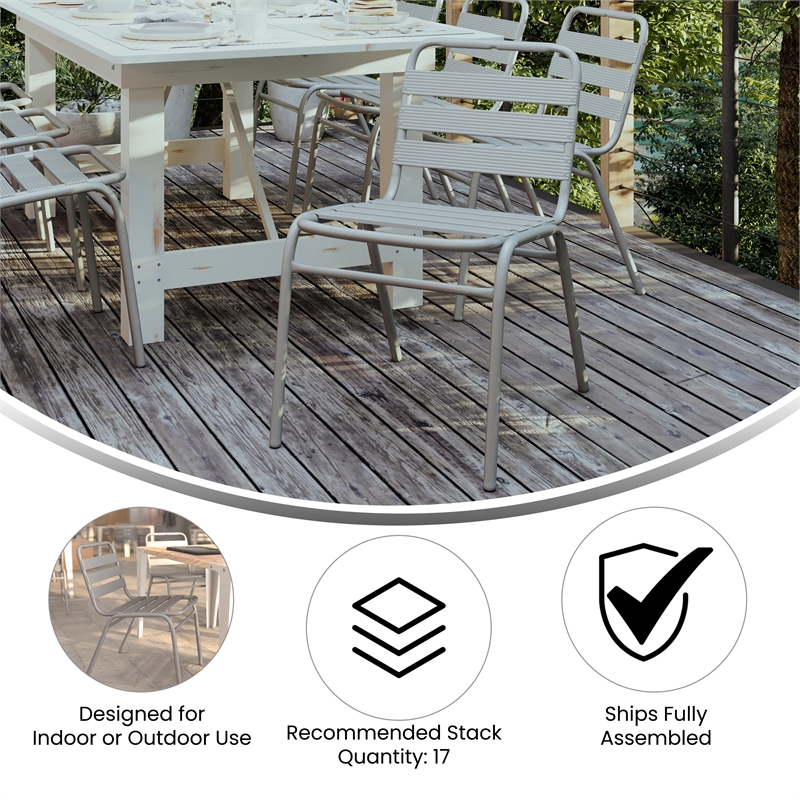 Pemberly Row Triple Slat Back Aluminum Restaurant Stack Chair in Silver