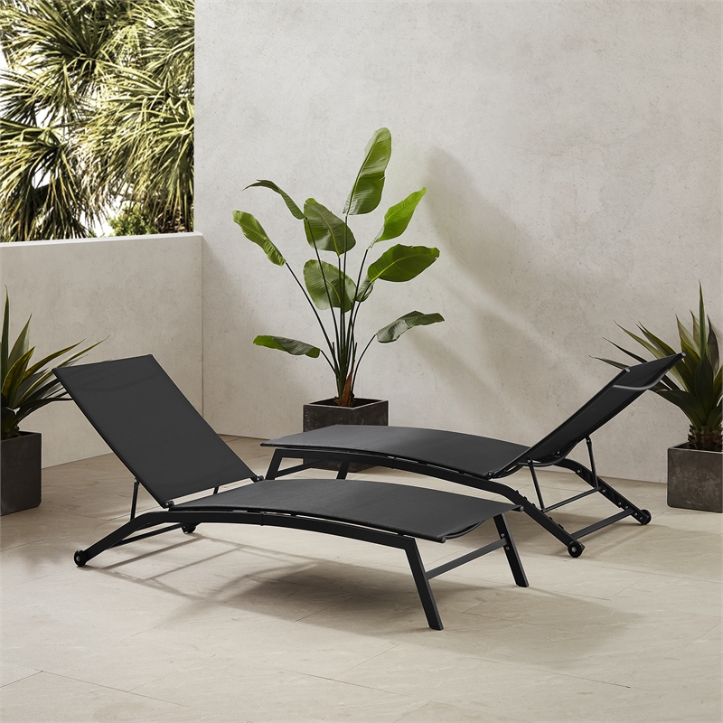 Pemberly Row 2Pc Outdoor Chaise Lounge Set in Charcoal/Matte Black