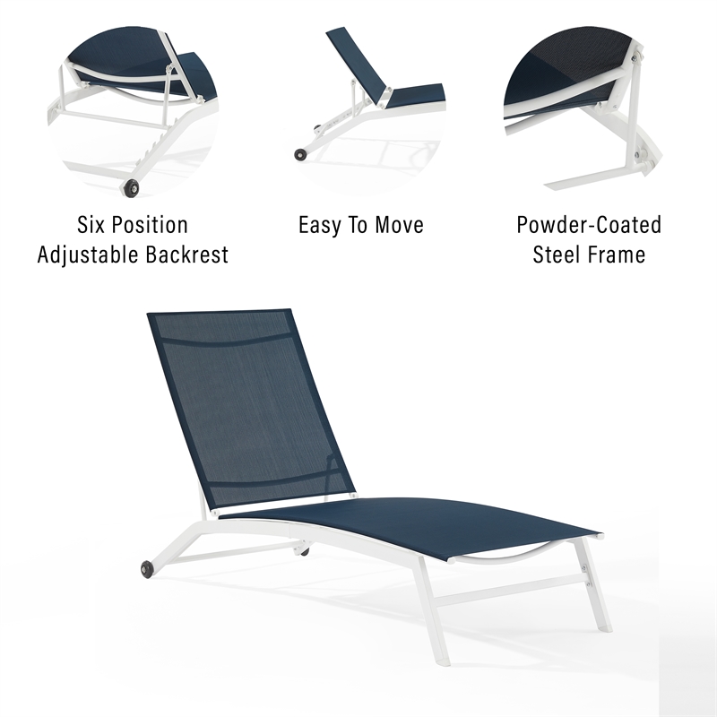 Pemberly Row Contemporary 2Pc Outdoor Chaise Lounge Set in Navy/White