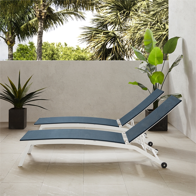 Pemberly Row Contemporary 2Pc Outdoor Chaise Lounge Set in Navy/White