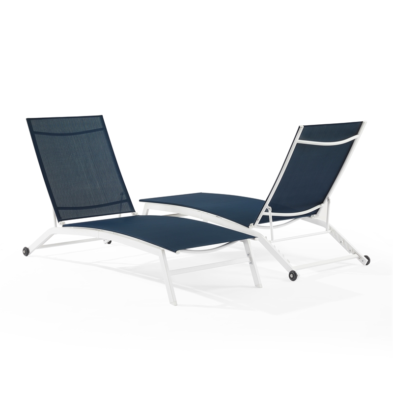 Pemberly Row Contemporary 2Pc Outdoor Chaise Lounge Set in Navy/White