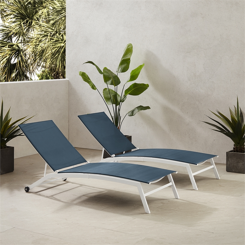 Pemberly Row Contemporary 2Pc Outdoor Chaise Lounge Set in Navy/White