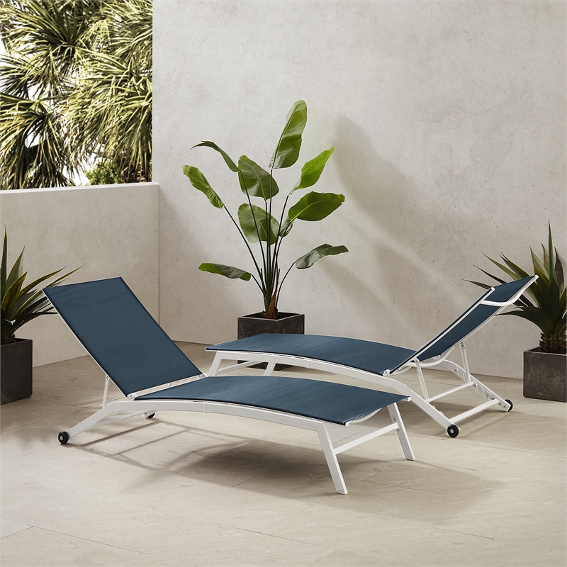 Pemberly Row Contemporary 2Pc Outdoor Chaise Lounge Set in Navy/White
