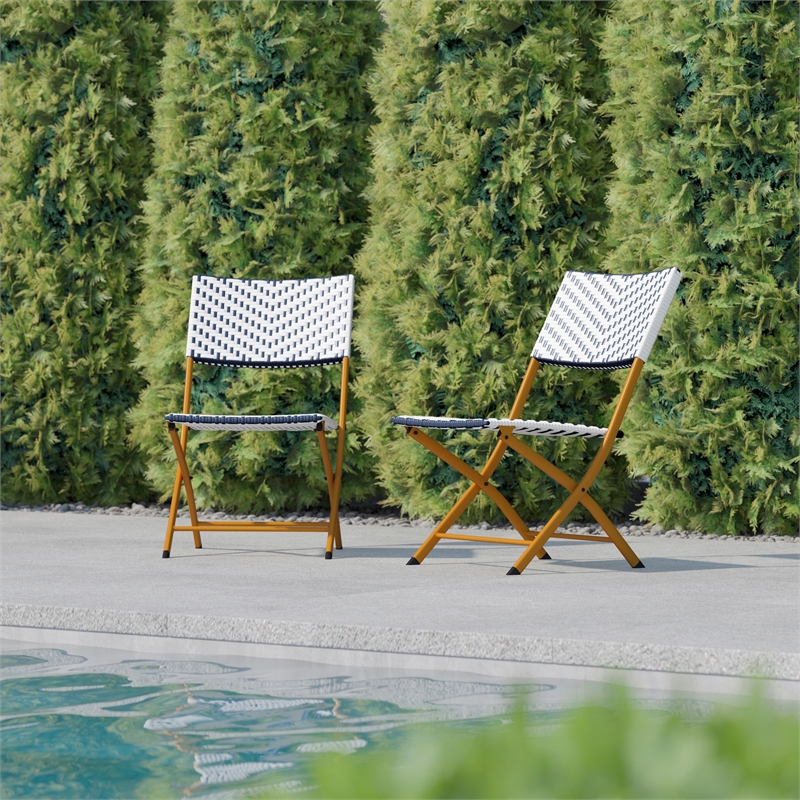 Pemberly Row 2Pc Navy and White Indoor/Outdoor PE Rattan Folding Bistro Chairs