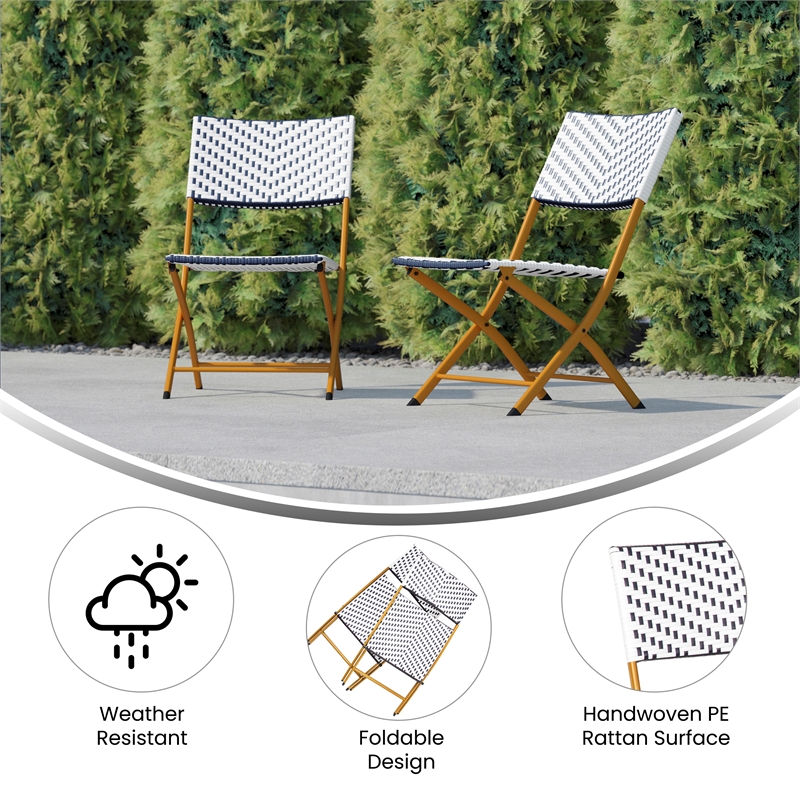 Pemberly Row 2Pc Navy and White Indoor/Outdoor PE Rattan Folding Bistro Chairs