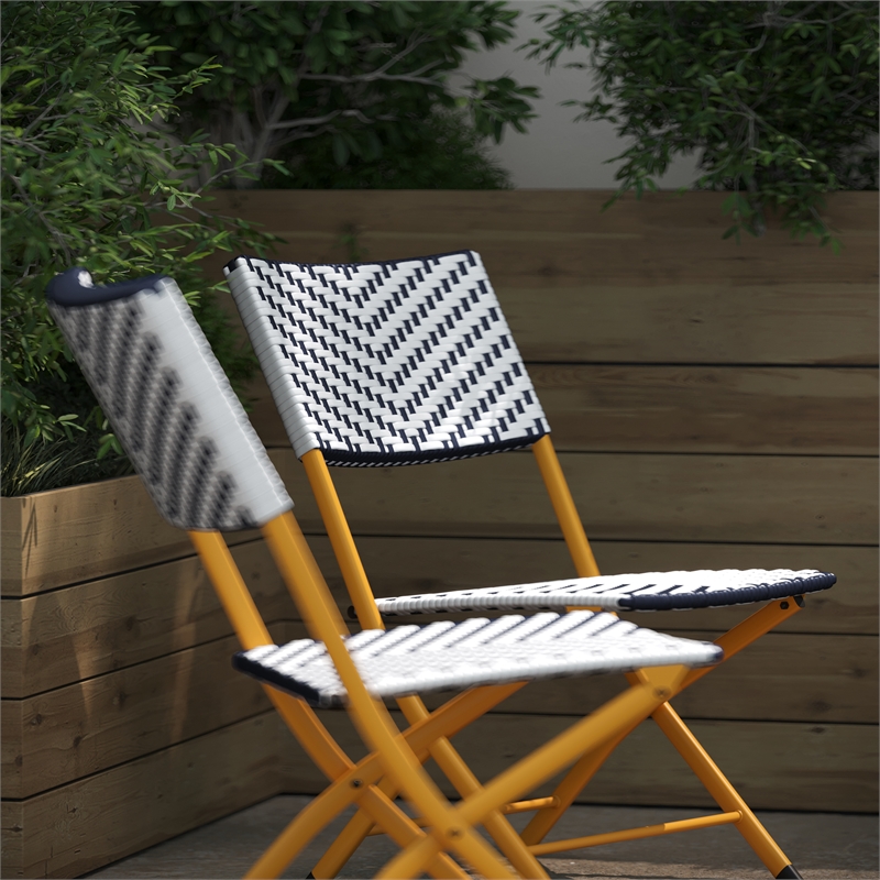 Pemberly Row 2Pc Navy and White Indoor/Outdoor PE Rattan Folding Bistro Chairs