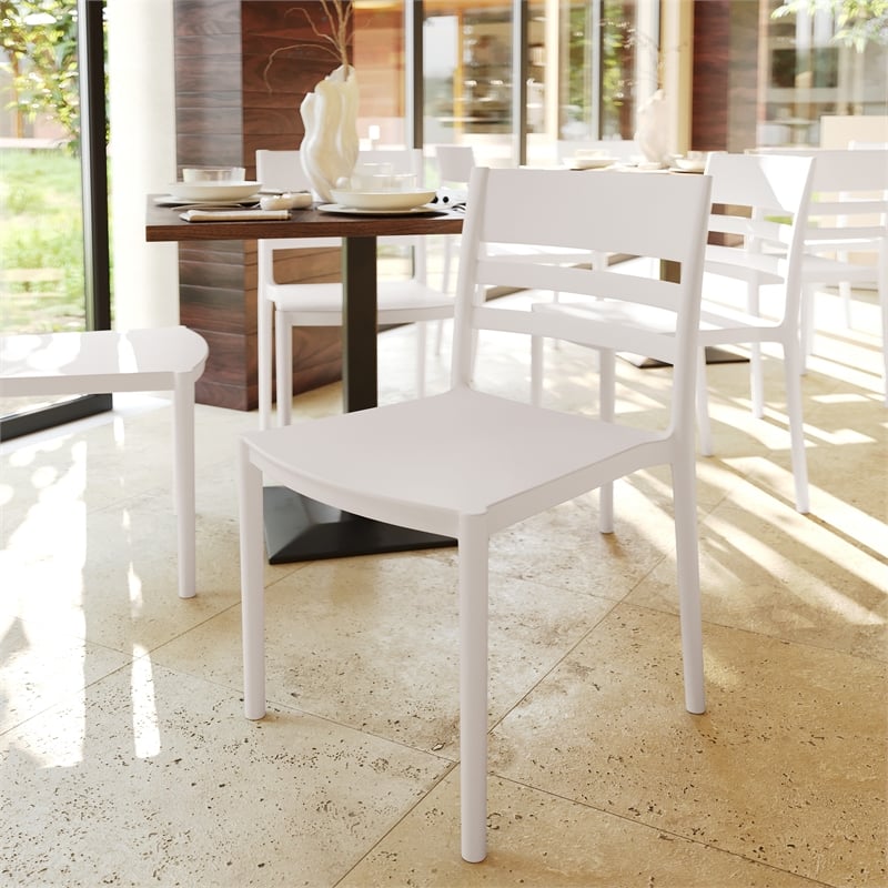 Pemberly Row Commercial All-Weather White Patio Stack Chair w/ Slatted Backrest