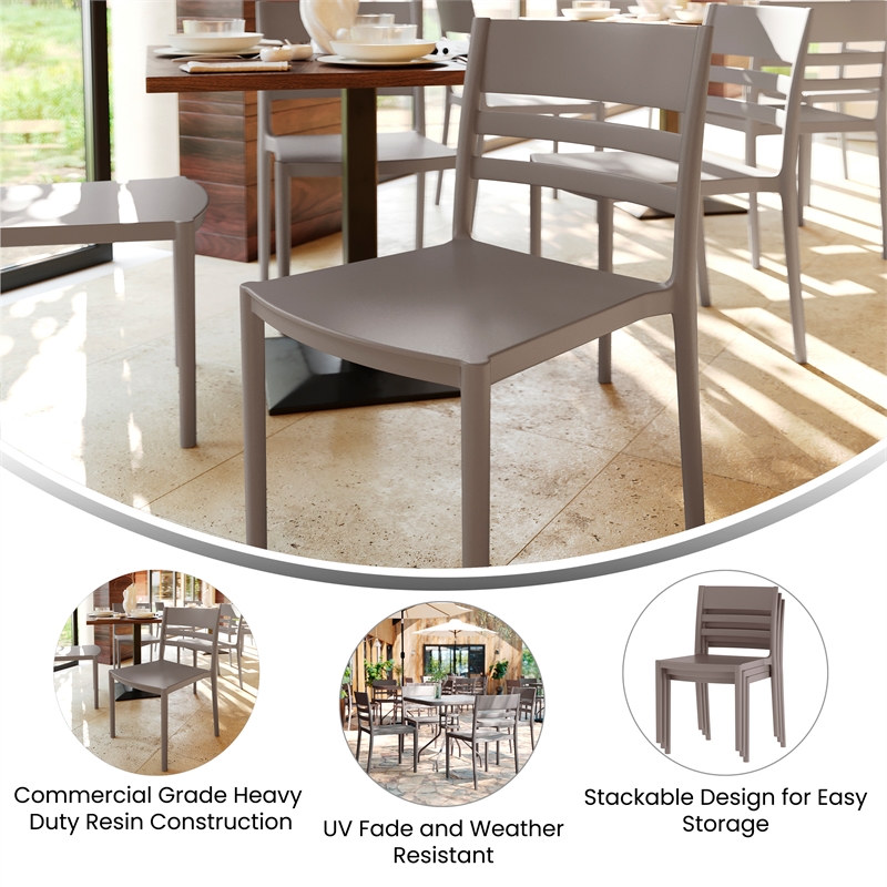 Pemberly Row Commercial All-Weather Gray Patio Stack Chair with Slatted Backrest