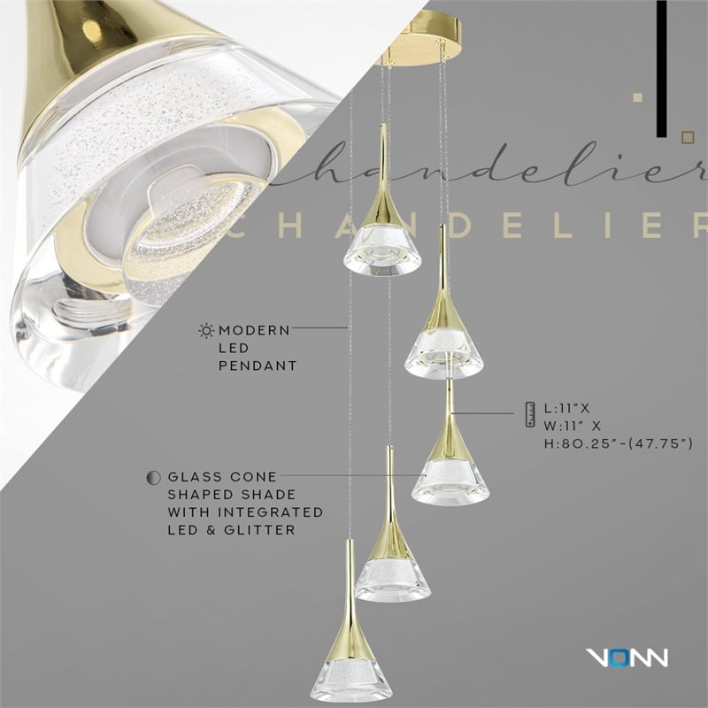Pemberly Row 5-Light ETL Certified Integrated LED Aluminum Chandelier - Gold