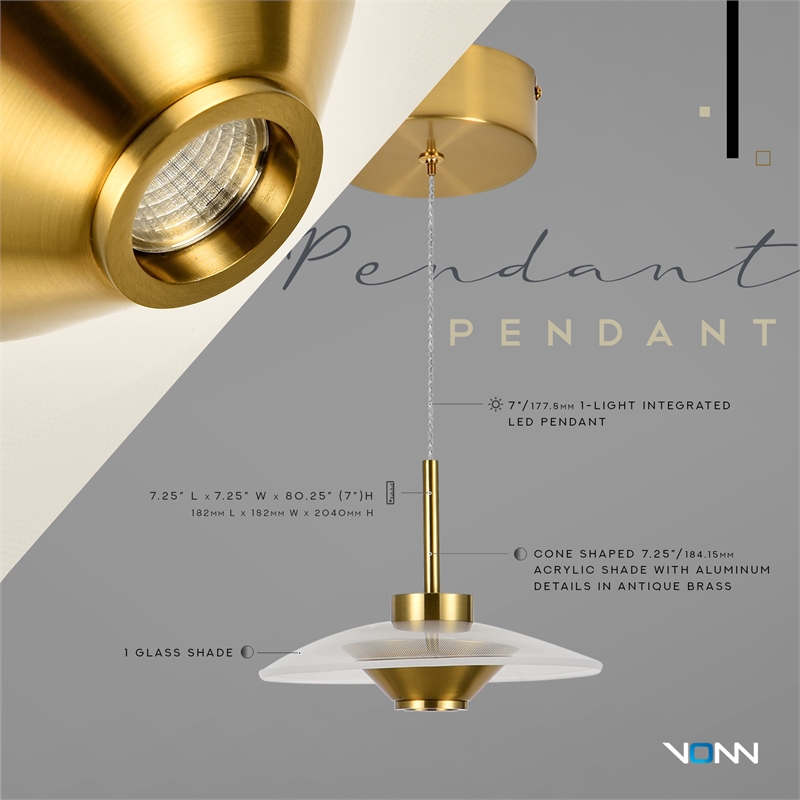 Pemberly Row Height Adjustable ETL Integrated LED Pendant in Antique Brass