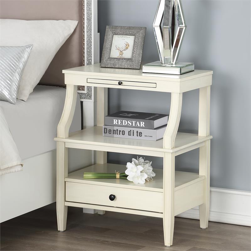 Pemberly Row Contemporary Antique White Wood 1-Drawer Storage Nightstand