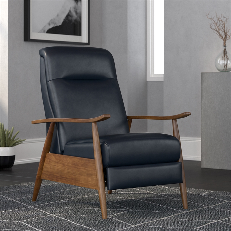 Pemberly Row Midnight Blue Faux Leather Wooden Arm Push Back Recliner Chair