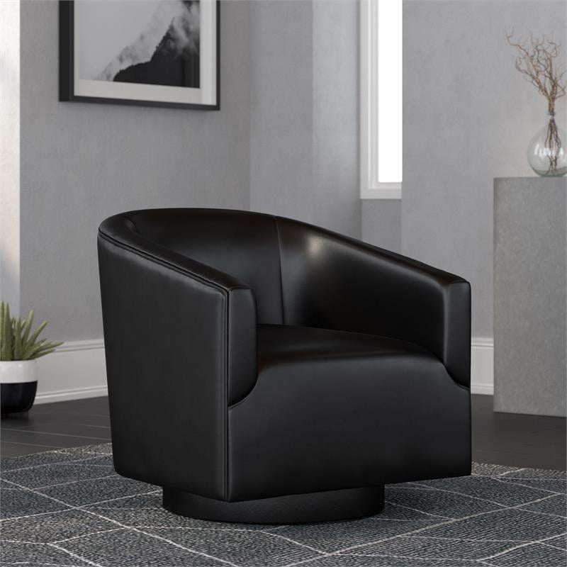 Pemberly Row Black Faux Leather Wood Base Swivel Accent Chair