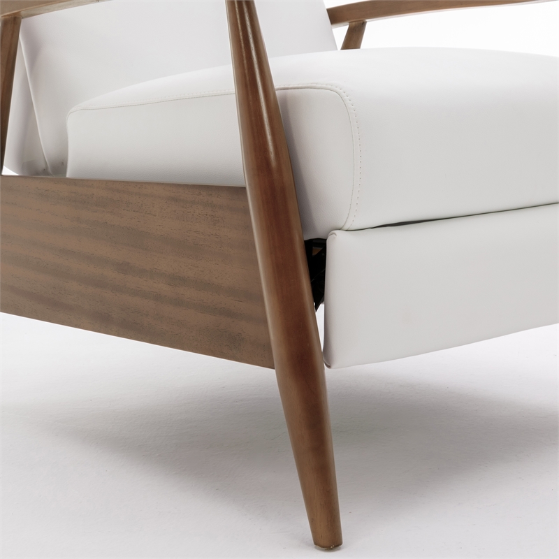 Pemberly Row Wood Arm Milky White Faux Leather Wood Arm Push Back Recliner