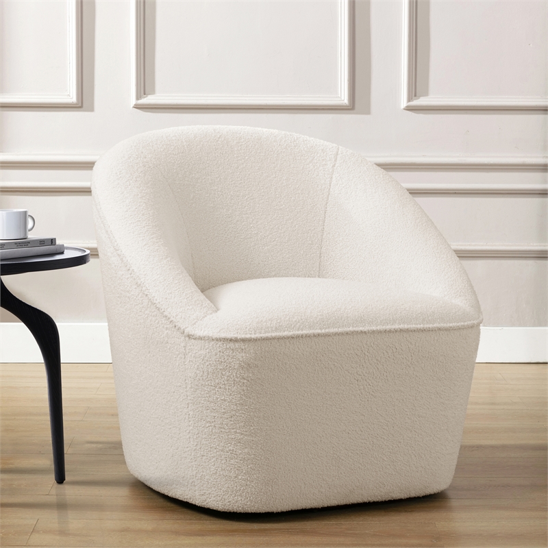 Pemberly Row Milky White Textured Polyester Boucle Fabric Swivel Accent Chair