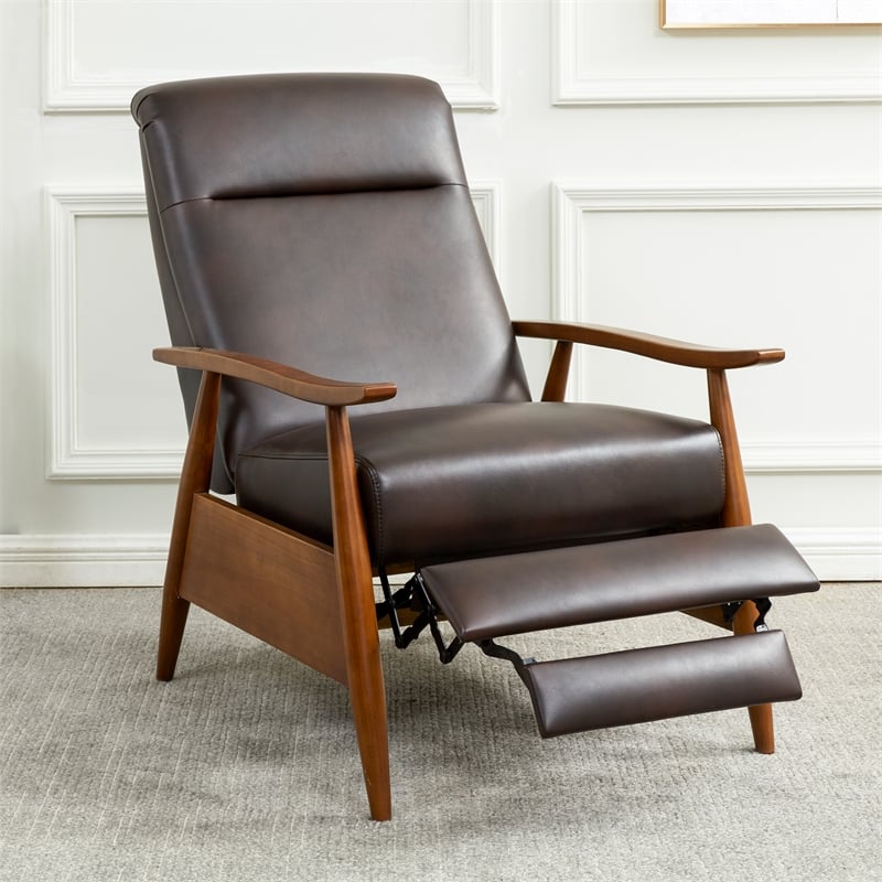 Pemberly Row Wood Arm Burnished Brown Faux Leather Push Back Recliner
