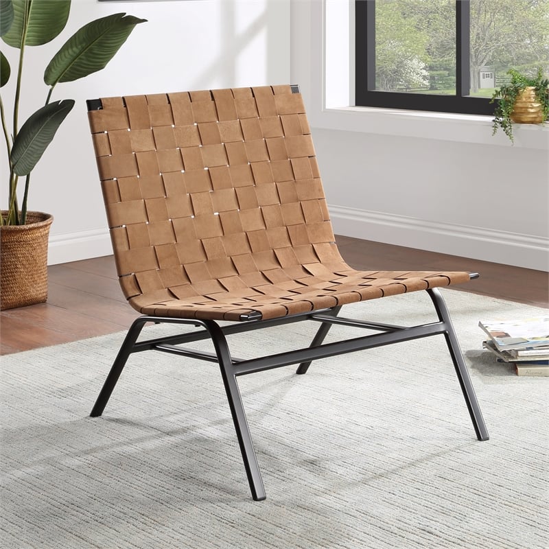 Pemberly Row Contemporary Woven Brown Leather Metal Frame Accent Chair