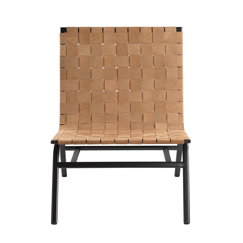 Pemberly Row Contemporary Woven Brown Leather Metal Frame Accent Chair
