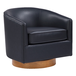 Pemberly Row Midnight Blue Faux Leather Wood Base Barrel Swivel Chair
