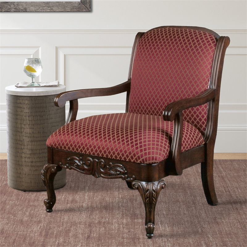 Pemberly Row Red Safari Magenta Wood Arm Chair in Walnut Woof Frame