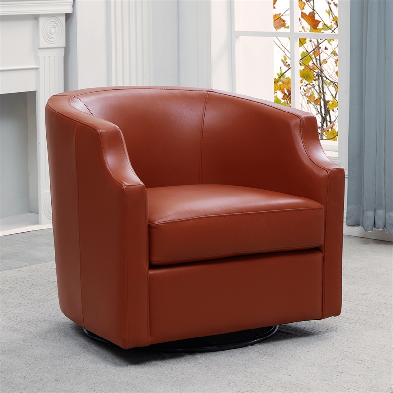 Pemberly Row Caramel Top Grain Leather Swivel Glider Barrel Chair