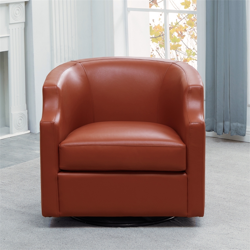 Pemberly Row Caramel Top Grain Leather Swivel Glider Barrel Chair