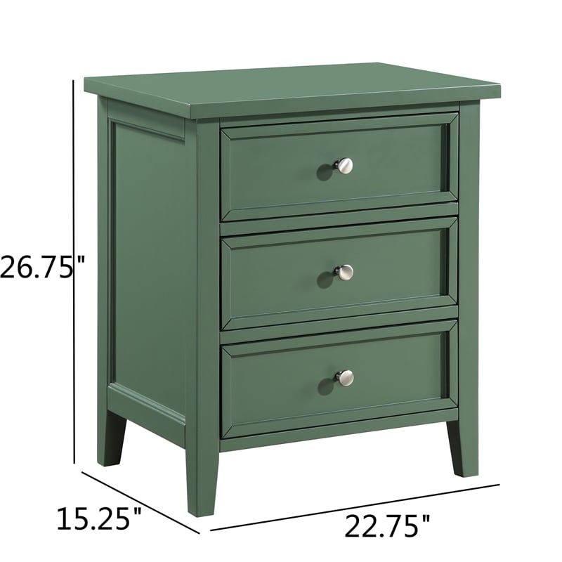 Pemberly Row Contemporary 3-Drawer Vintage Green Wood Nightstand