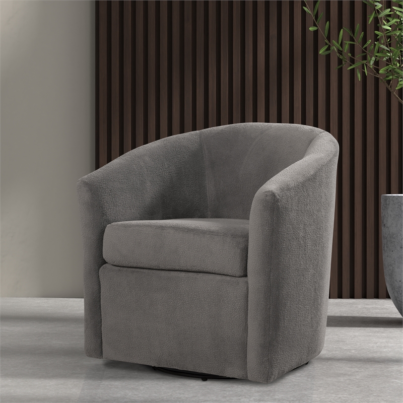 Pemberly Row Barrel Style Swivel Accent Chair in Ash Gray Performance Fabric