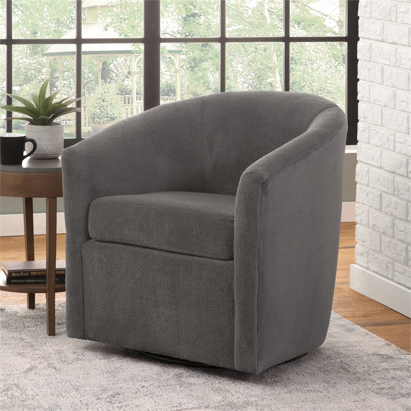 Pemberly Row Barrel Style Swivel Accent Chair in Ash Gray Performance Fabric