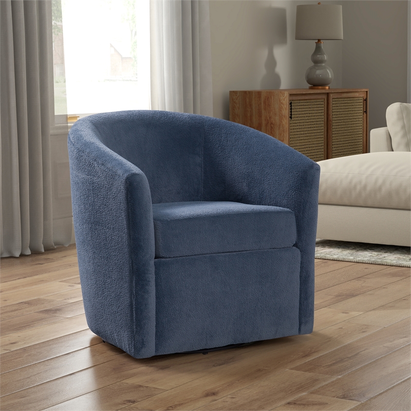 Pemberly Row Barrel Style Swivel Accent Chair in Navy Performance Fabric