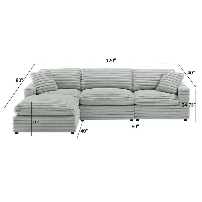 Pemberly Row 4-piece XL Chofa Sectional in Plush Gray Cord-like Fabric