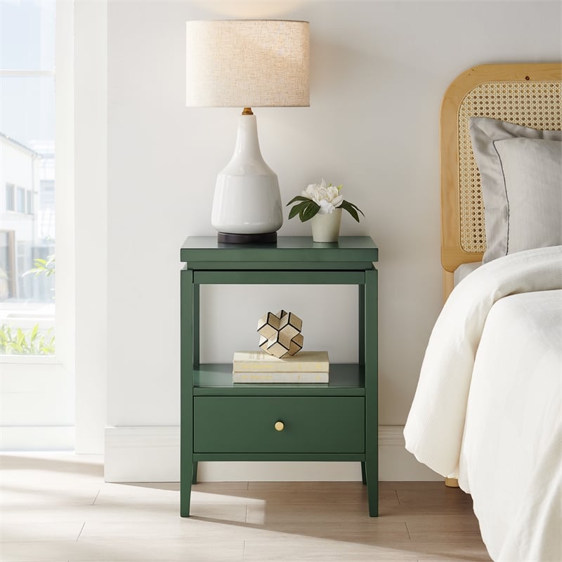 Pemberly Row Vintage Green Wood 1-Drawer Nightstand with Floating Top