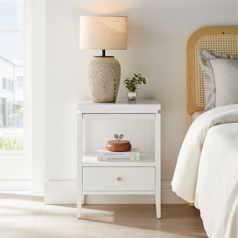 Pemberly Row White Wood 1-Drawer Nightstand with Floating Style Top