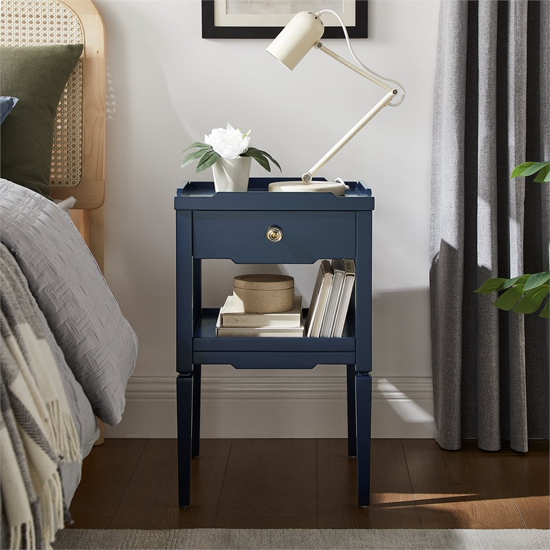 Pemberly Row Midnight Blue Wood 1-Drawer Nightstand with Shelf
