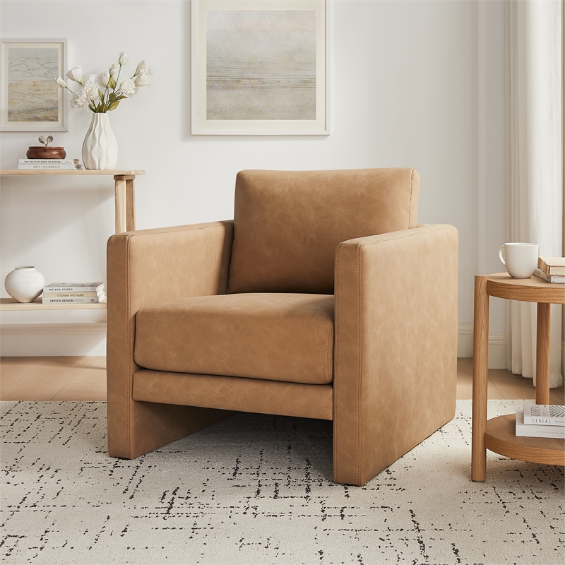 Pemberly Row Contemporary Honey Brown Faux Leather Modern Arm Chair