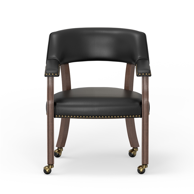 Pemberly Row Dining & Game Chair in Walnut with Black Faux Leather with Casters