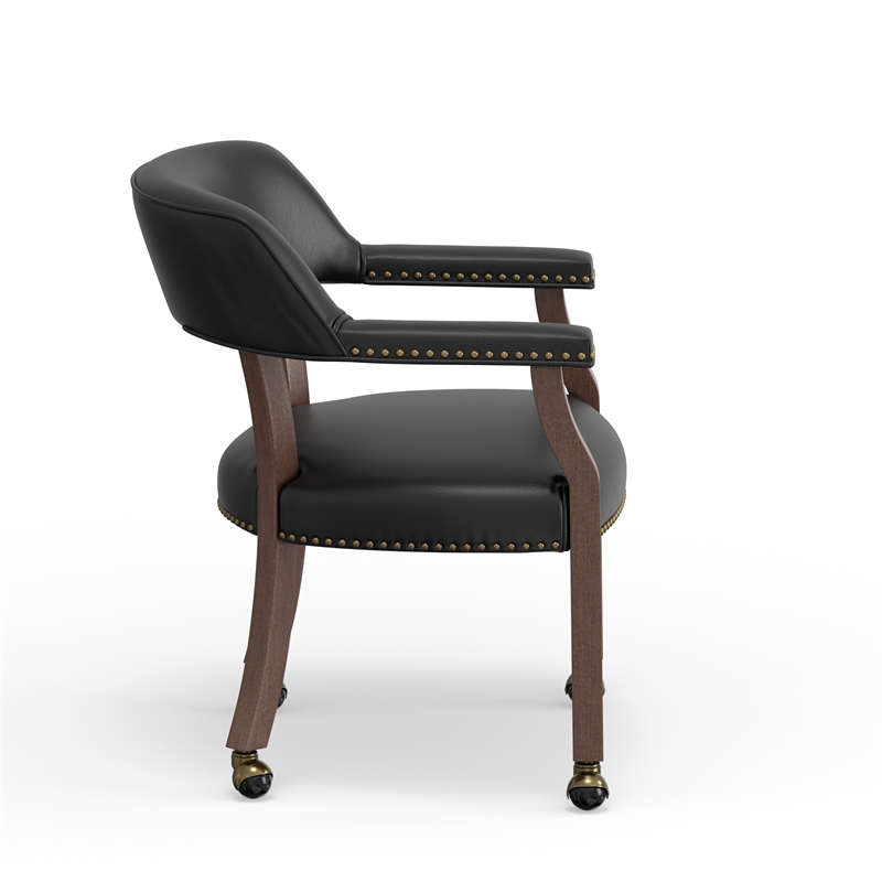 Pemberly Row Dining & Game Chair in Walnut with Black Faux Leather with Casters
