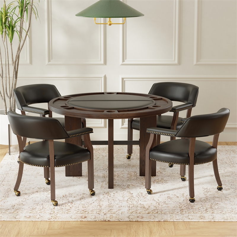 Pemberly Row Dining & Game Chair in Walnut with Black Faux Leather with Casters