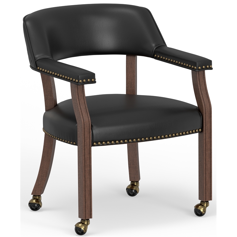 Pemberly Row Dining & Game Chair in Walnut with Black Faux Leather with Casters