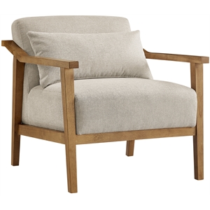 Pemberly Row Wood Arm Beige Fabric Accent Chair with Lumbar Pillow