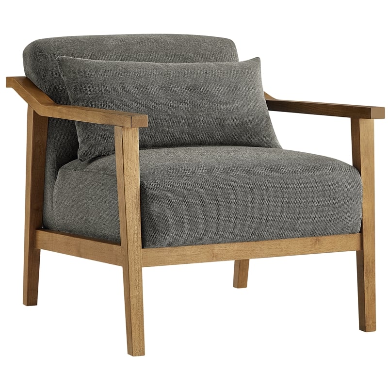 Pemberly Row Wood Arm Charcoal Fabric Accent Chair with Lumbar Pillow