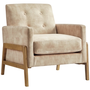 Pemberly Row Contemporary Wood Arm Sand Fabric Tufted Back Accent Chair