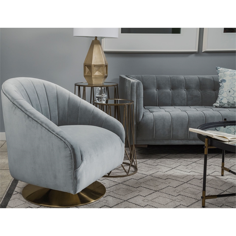 Pemberly Row Gray Blue Velvet Covered Seat w Gold Swivel Base Accent Chair