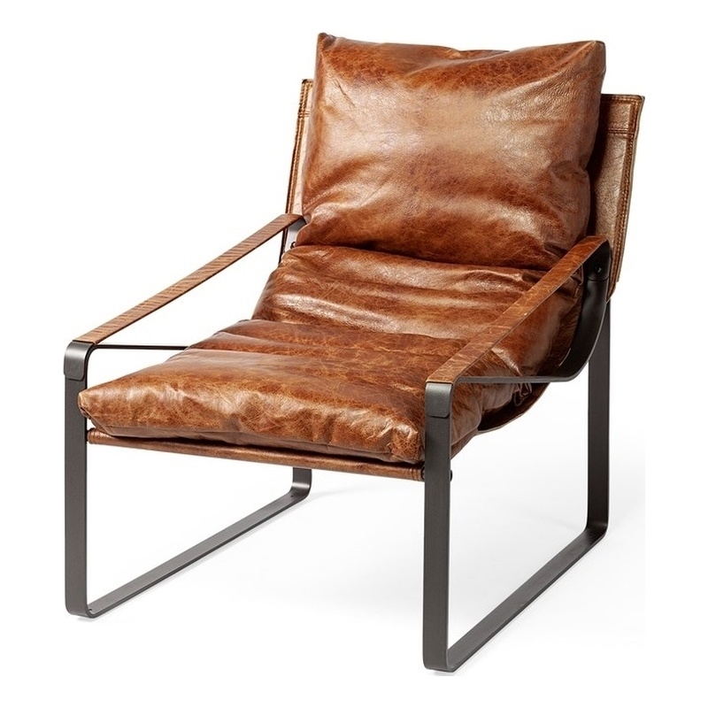 Pemberly Row Hornet Brown Leather Unibody Seat w/ Black Metal Frame Accent Chair