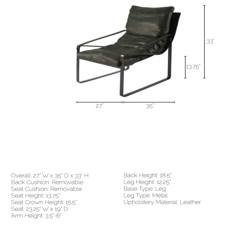 Pemberly Row Hornet Black Leather Body Metal Frame Accent Chair
