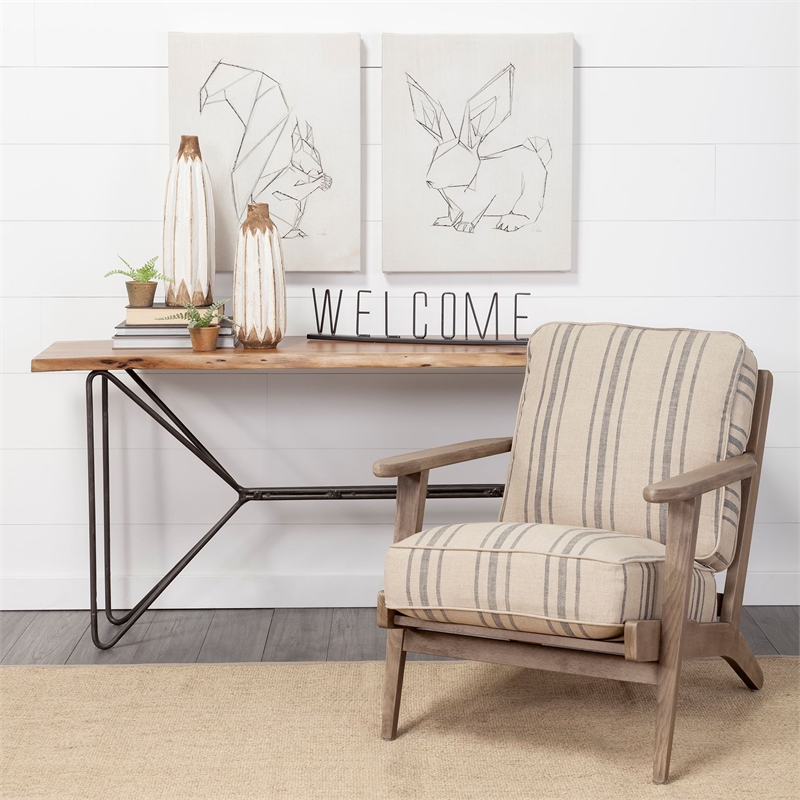 Pemberly Row Striped Light Brown Jute Fabric Wrapped Wooden Frame Chair